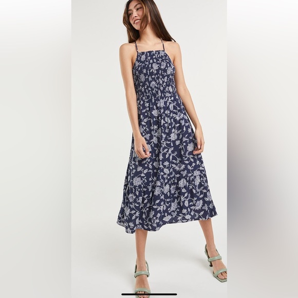 Halter Neck Smocked Top Printed Midi Dress - Picture 1 of 2